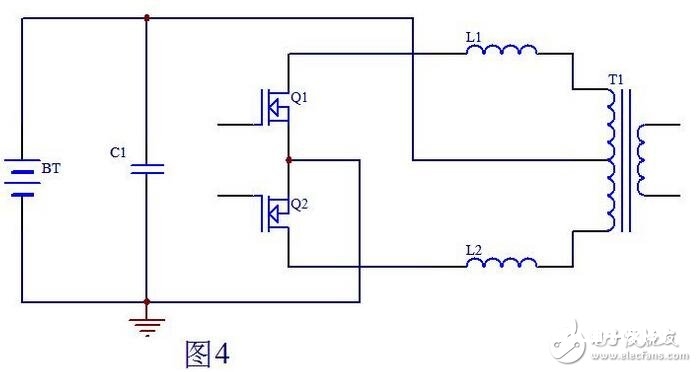 当Q1栅极信号由高电平变为低电平时，此刻Q2也还截止，即死区处Q1，Q2都不导通，T1初级上半部分因为和次级耦合的原因，能量仅在Q1导通时向次级传递能量，到Q1截止时T1初级上半部分上端的电位已康复到电池电压，而L1能够看做是是一个独立的电感，它贮存的能量耦合不到变压器T1的次级。