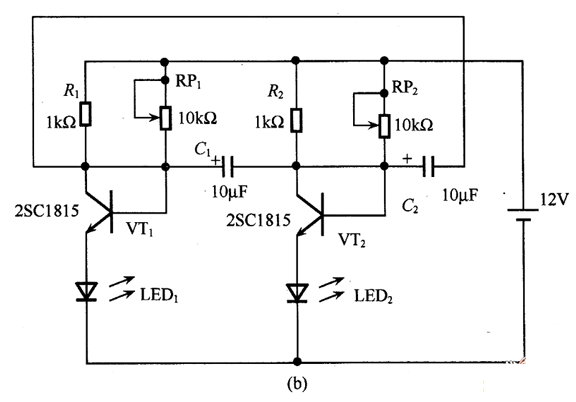 图（b）是选用2个晶体管的LED亮光电路