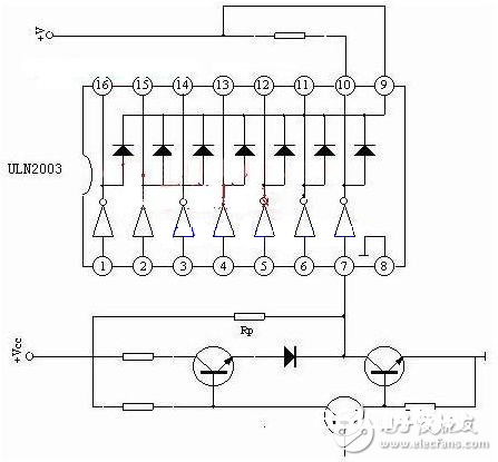 ULN是集成达林顿管IC，内部还集成了一个消线圈反电动势的二极管，可用来驱动继电器。它是双列16脚封装，NPN晶体管矩阵，最大驱动电压=50V，电流=500mA，输入电压=5V，适用于TTL COMS，由达林顿管组成驱动电路。 ULN是集成达林顿管IC，内部还集成了一个消线圈反电动势的二极管，它的输出端答应经过电流为200mA，饱满压降VCE 约1V左右，耐压BVCEO 约为36V。用户输出口的外接负载可根据以上参数预算。选用集电极开路输出，输出电流大，故可直接驱动继电器或固体继电器，也可直接驱动低压灯泡。一般单片机驱动ULN2003时，上拉2K的电阻较为适宜，一起，COM引脚应该悬空或接电源。