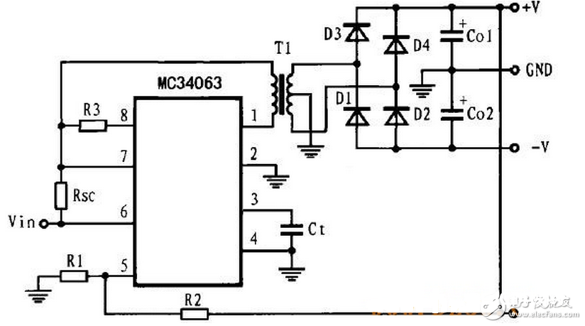 图1为选用MC34063芯片构成的阻隔高压大电流变压器初级线圈驱动电路。当芯片内部的开关管导通时，MC34063的2脚将出现高电平，外部P型三极管Q1截止，N型MOSFET管Q2导通。电流经变压器初级线圈和Q2到地，初级线圈贮存能量。当内部开关管关断时，MC34063的2脚为低电平，Q1导通，Q2截止，初级线圈回路断开。能量耦合到变压器的次级线圈。