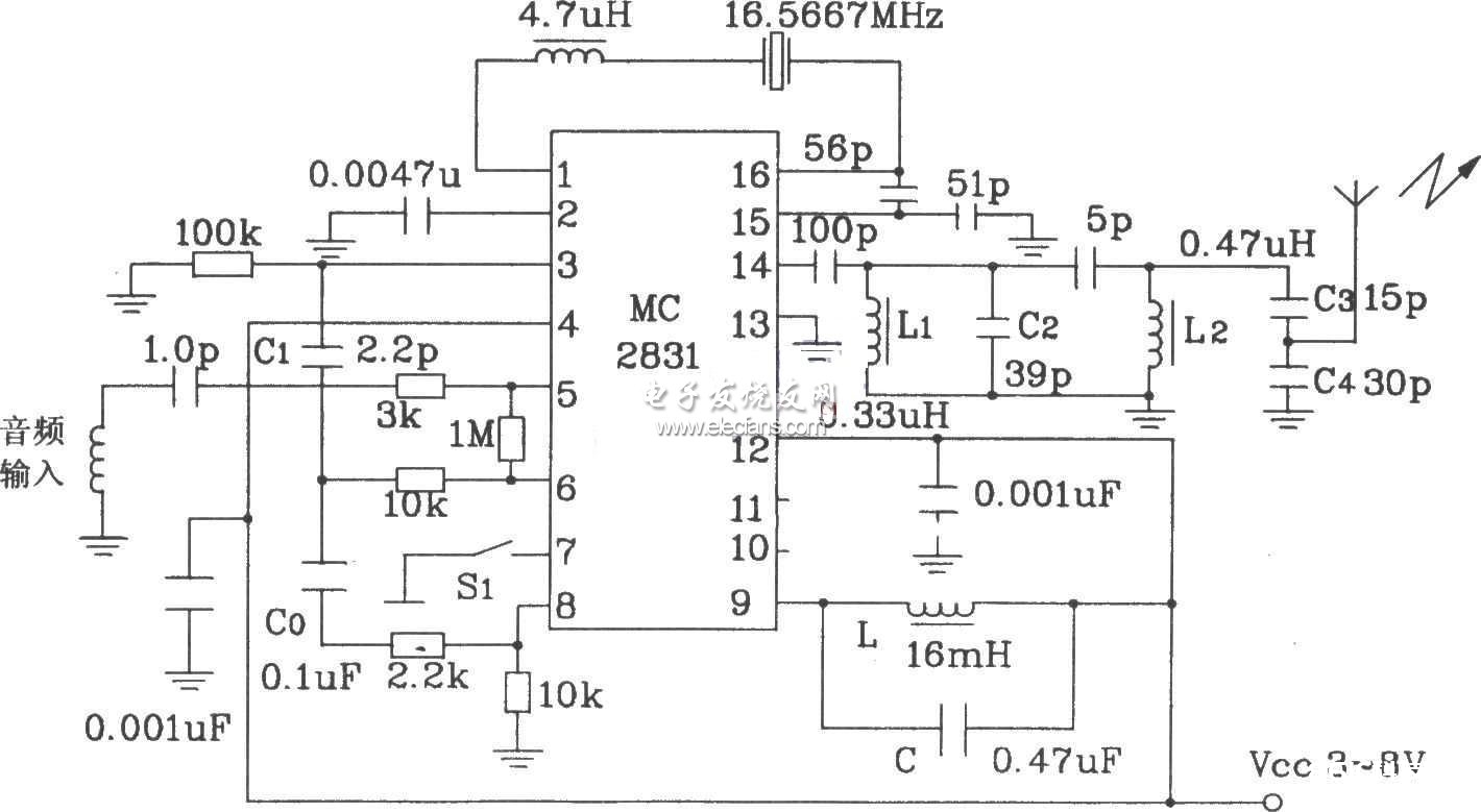 根据MC2831的无线电发射原理图