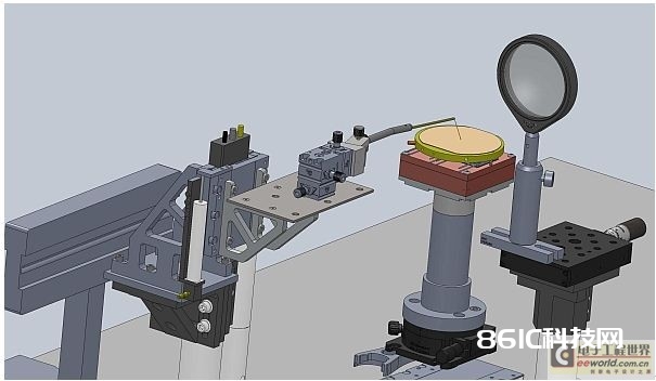 图2：透镜捕获来自待测蚀刻面激光器的光。晶圆探针对依然坐落晶圆之上的激光器进行光-电流-电压测验。