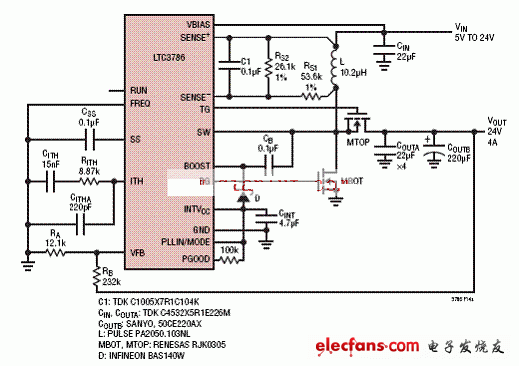 选用电感DCR电流检测的LTC3786升压转换器电路