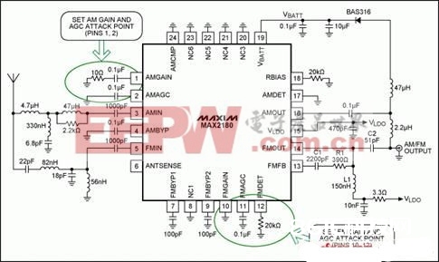 选用MAX2180的单天线解决计划运用原理图