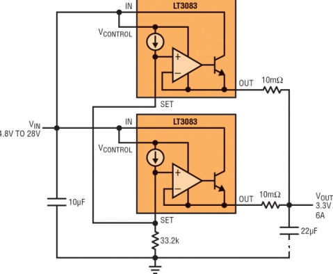 图3:将多个稳压器并联以完成更大的电流并涣散热量