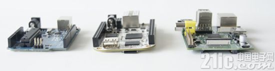从左到右: Arduino Uno, BeagleBone, Raspberry Pi