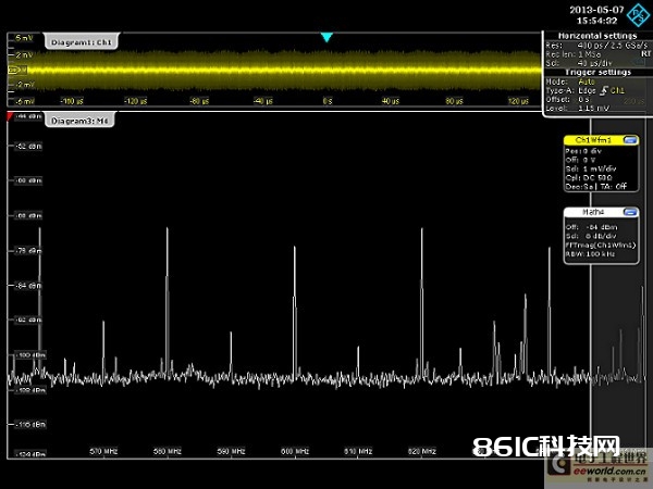 图1：这个比如显现运用近场探头捕获的频谱辐射。选用100kHz分辨率带宽，在605MHz中心频率，RTO示波器进行丈量时的本底噪声大约-105dBm。这表明该设备具有弱小信号的剖析才能。