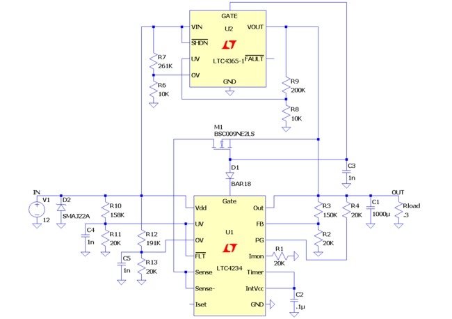 图 1：具确保 SOA 的高电流、低导通电阻、12V 热插拔 