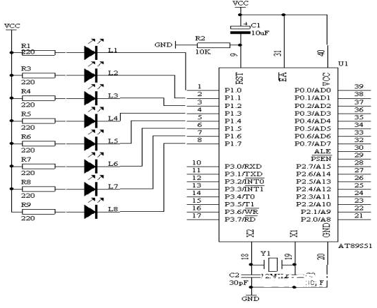 AT89S51单片机操控八个发光二极管左移右移重复循环发光的规划